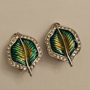 Elegant Signed Erwin Pearl Green Enamel Peacock Leaf Earrings
